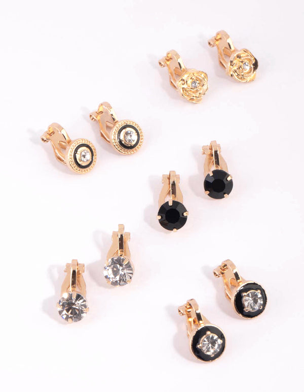 Gold Diamante Clip On Earring Pack