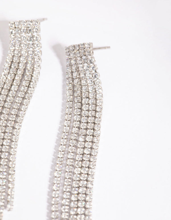 Rhodium Cubic Zirconia Cup Chain Fringe Drop Earrings