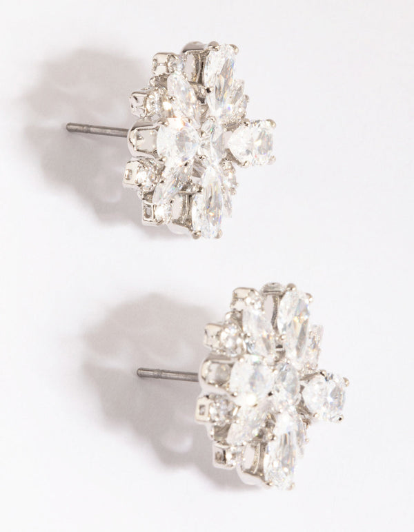 Rhodium Cubic Zirconia Flower Stud Earrings