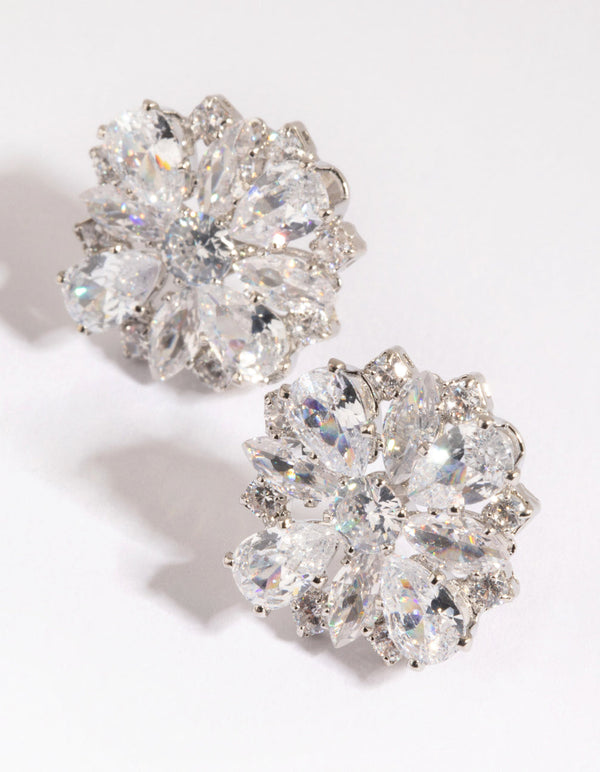 Rhodium Cubic Zirconia Flower Stud Earrings
