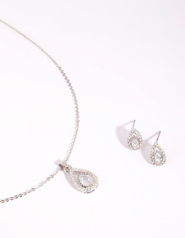 Silver Cubic Zirconia Teardrop Necklace and Earrings Set