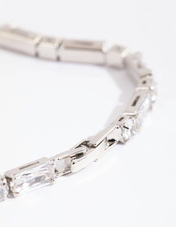 Rhodium Cubic Zirconia Round and Rectangular Tennis Bracelet