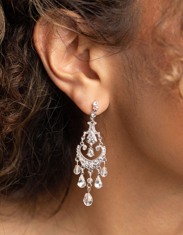Silver Diamante Facet Bead and Diamante Drop Earrings