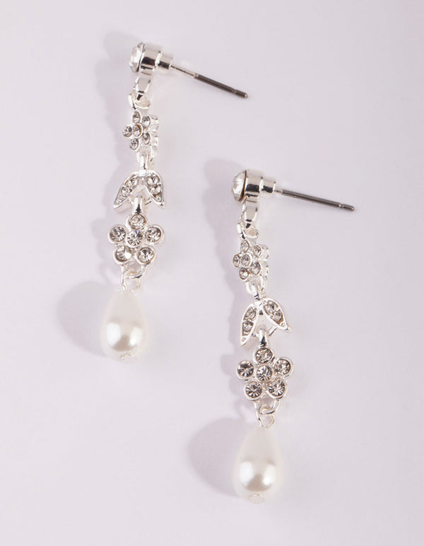 Silver Floral Pearl Drop Earrings