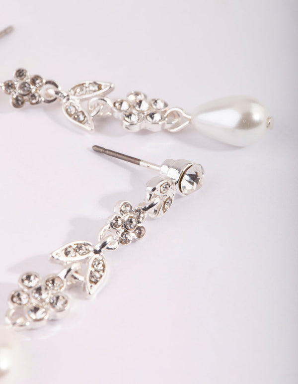Silver Floral Pearl Drop Earrings