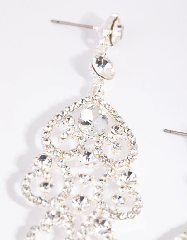 Silver Statement Diamante and Pearl Drop Earrings