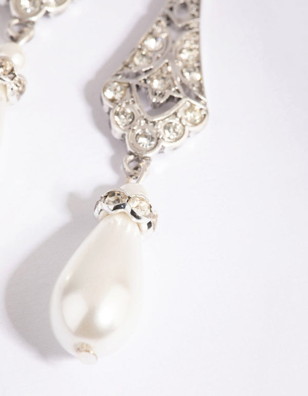 Antique Silver Diamante and Pearl Drop Earrings