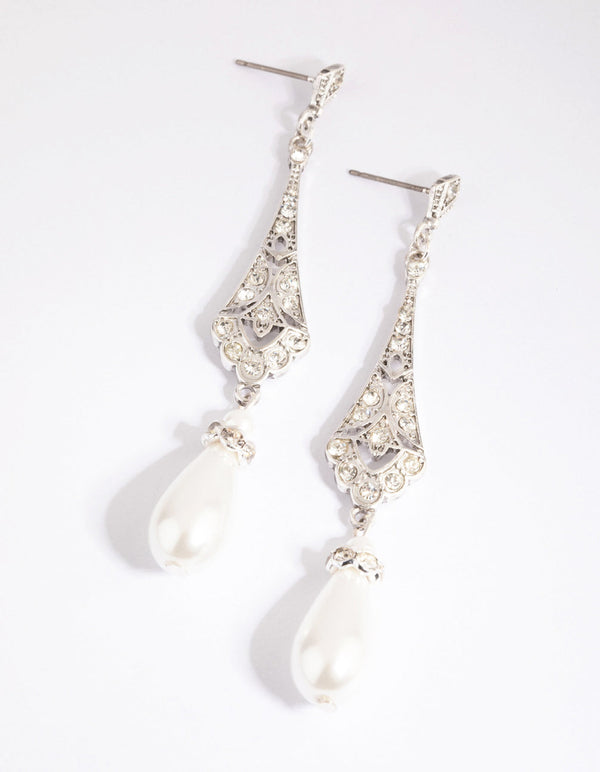 Antique Silver Diamante and Pearl Drop Earrings