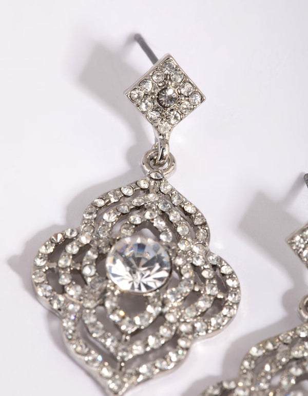 Rhodium Small Shield Drop Earrings