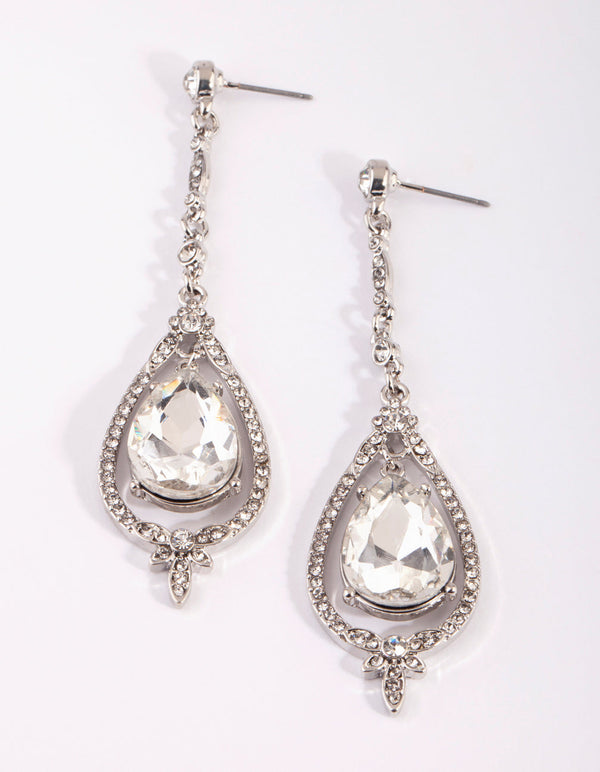 Rhodium Cup Out Teardrop Earrings