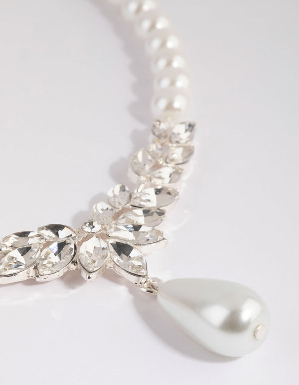 Silver Teardrop Pearl Necklace and Earrings Set