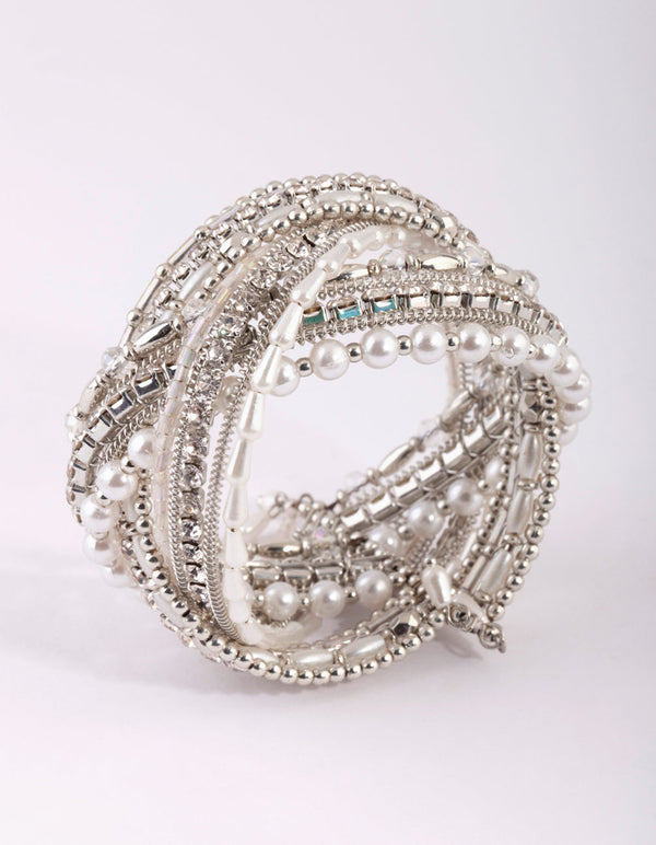 Rhodium Plaited Multi Bead Cuff Bracelet