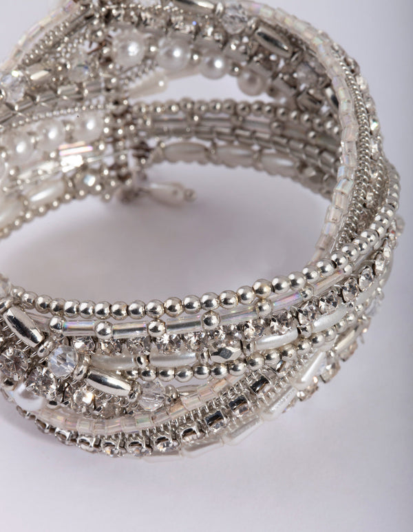 Rhodium Plaited Multi Bead Cuff Bracelet
