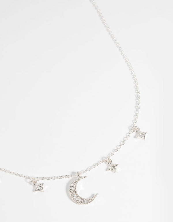 Silver Star and Moon Diamante Necklace