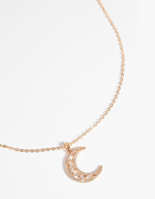 Gold Cubic Zirconia Crescent Necklace