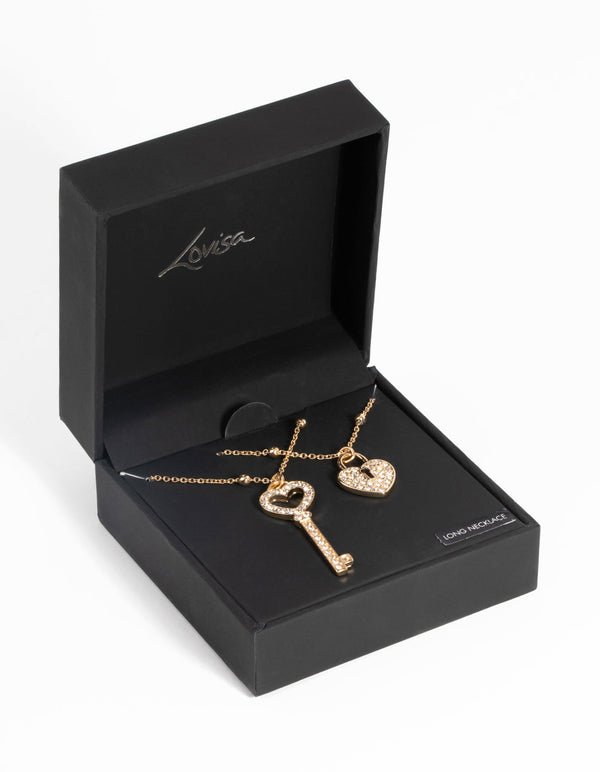 Gold Lock and Key Diamante Necklace