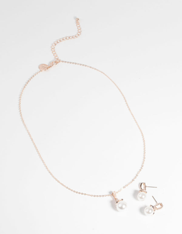 Rose Gold Classic Pearl Necklace and Earring Set