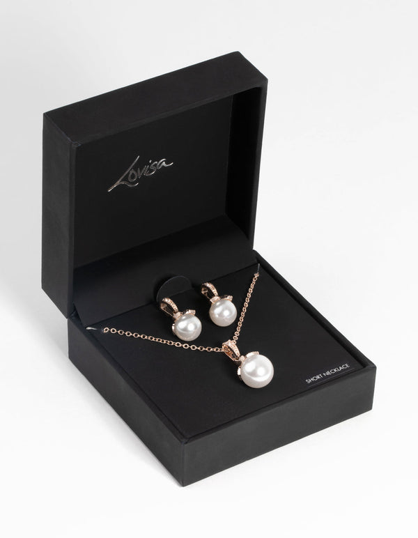 Rose Gold Classic Pearl Necklace and Earring Set