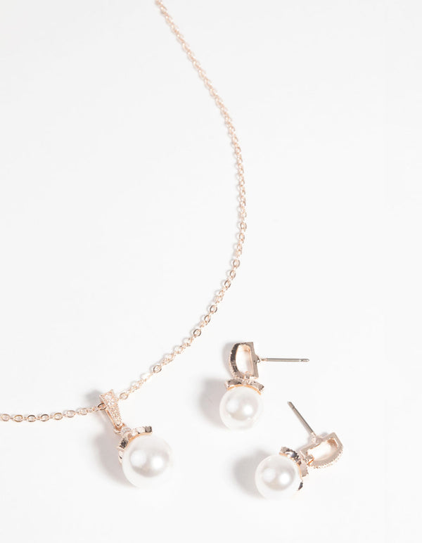 Rose Gold Classic Pearl Necklace and Earring Set