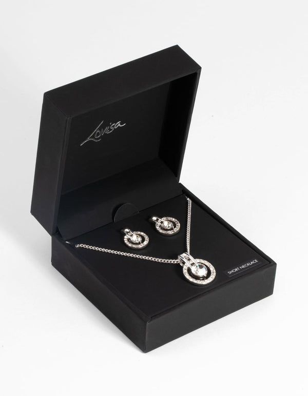Silver Circular Diamante Necklace and Earring Set