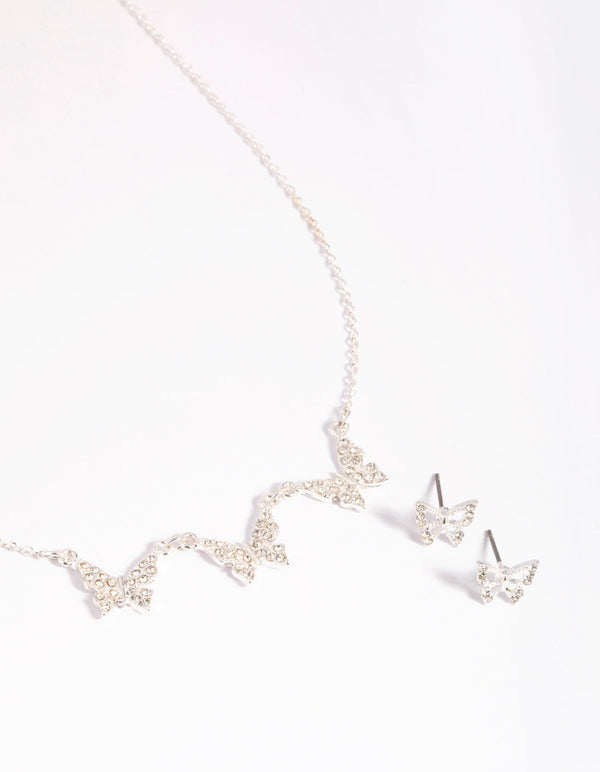 Silver Diamante and Butterfly Necklace and Earring Set