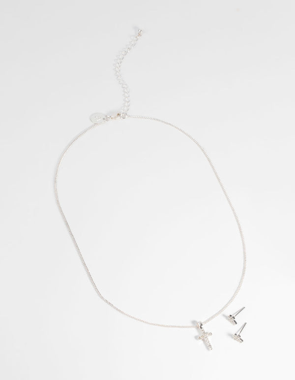 Silver Diamante Cross Necklace and Earring Set