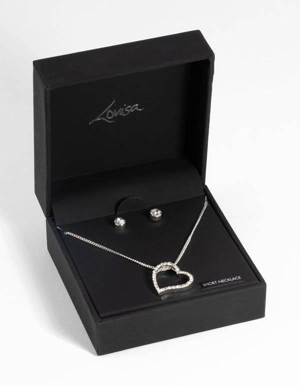 Silver Diamante Heart Necklace and Earring Set
