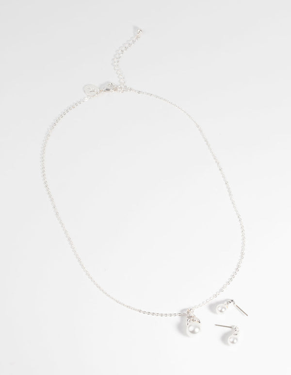 Silver Pearl Necklace and Earring Set