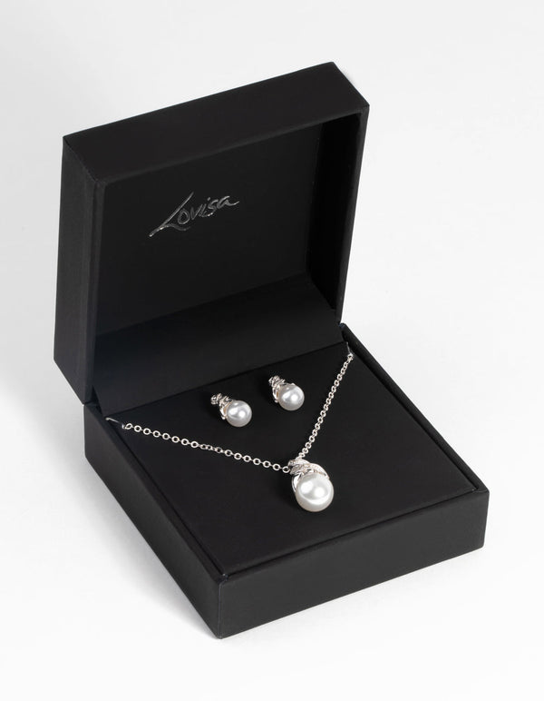Silver Pearl Necklace and Earring Set