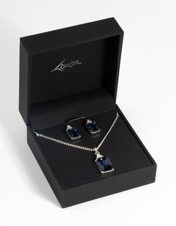 Silver Rectangular Diamante Necklace and Earring Set
