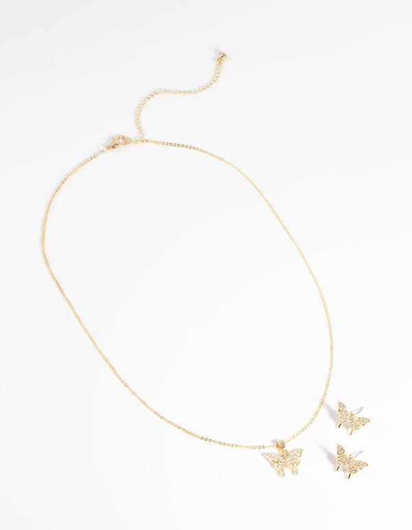 Gold Cubic Zirconia Butterfly Necklace and Earring Set