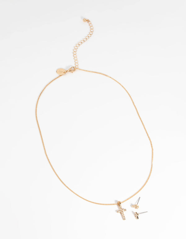 Gold Diamante Cross Necklace and Earring Set