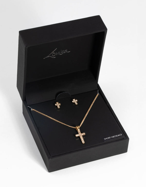 Gold Diamante Cross Necklace and Earring Set