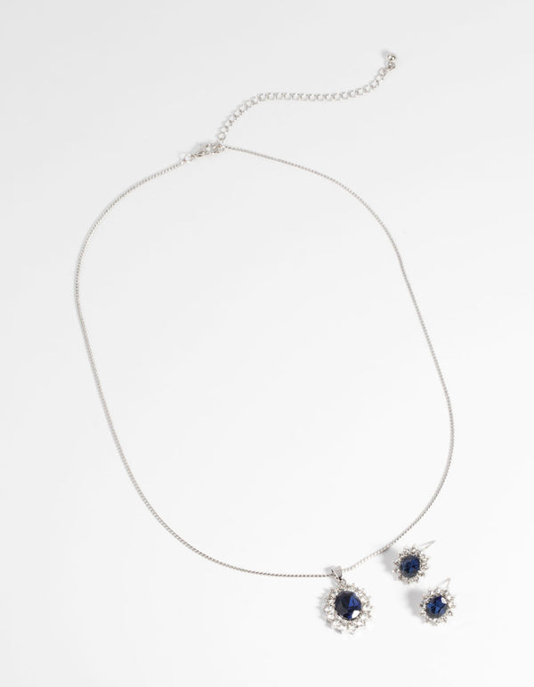 Rhodium Oval Diamante Necklace and Earring Set