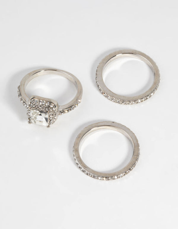Silver Cushion Diamante Ring Stack
