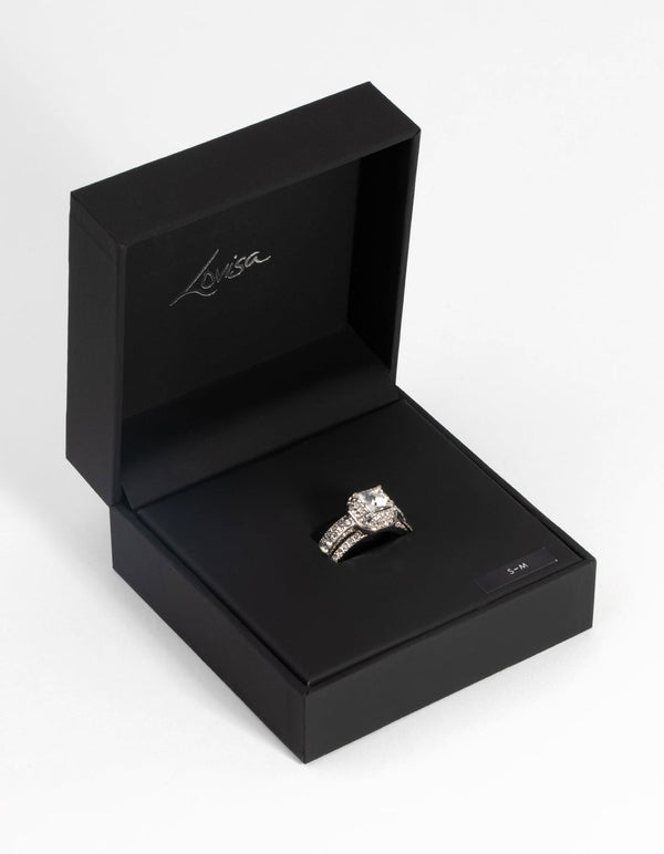 Silver Cushion Diamante Ring Stack