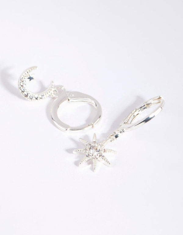 Silver Diamante Mismatched Celestial Huggie Earrings
