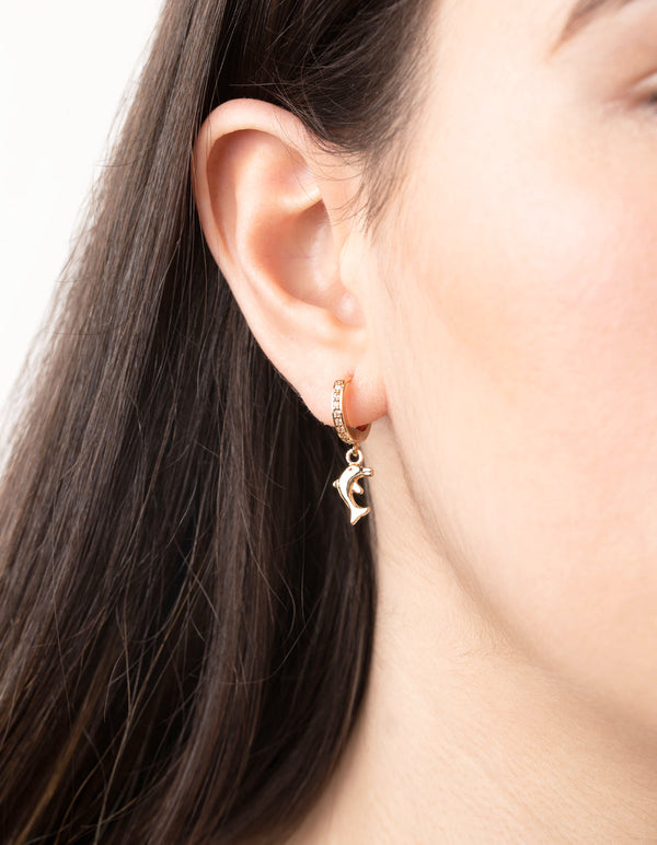 Gold Cubic Zirconia Dolphin Huggie Earrings