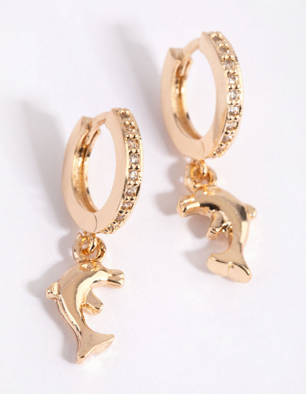 Gold Cubic Zirconia Dolphin Huggie Earrings