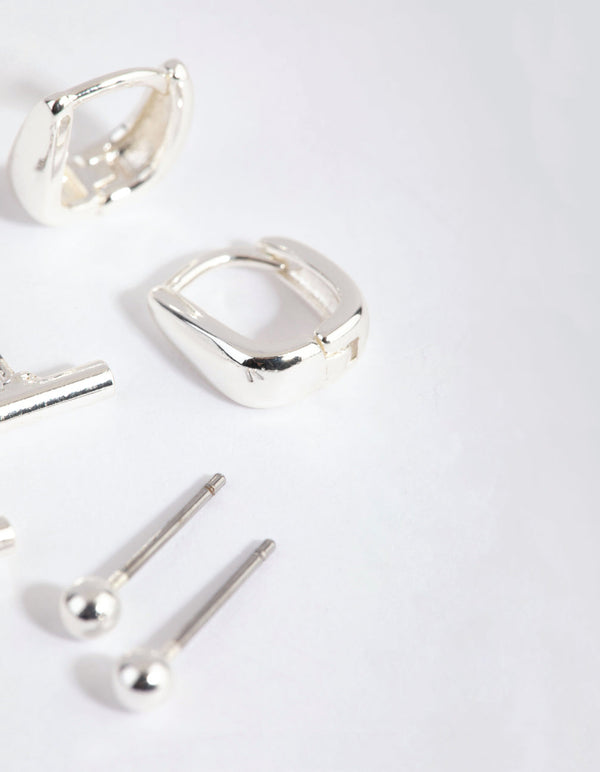 Silver Geometric Stud and Huggie Earring Pack