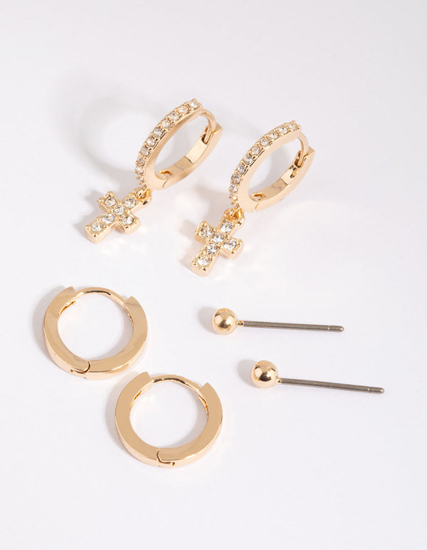 Gold Plain and Diamante Cross Earring Pack