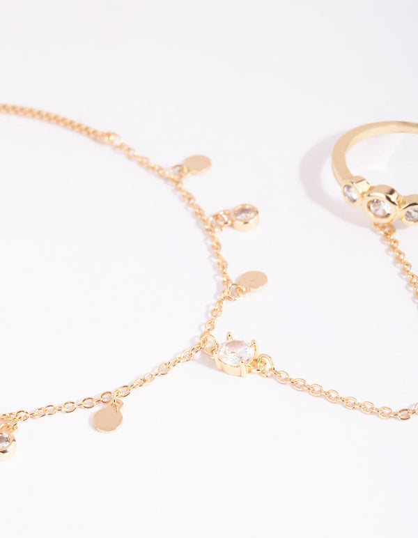Gold Diamante and Disc Drop Hand Chain
