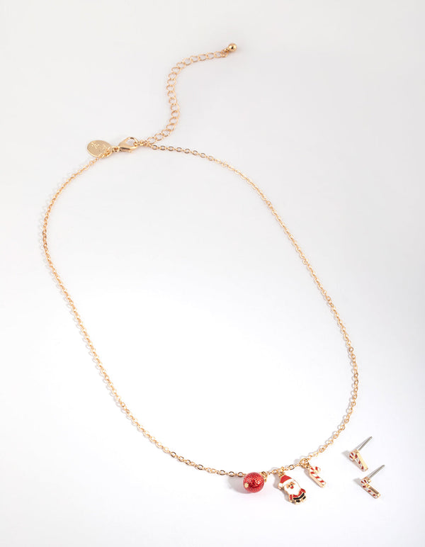 Kids Festive Santa and Candy Cane Necklace and Earrings Set