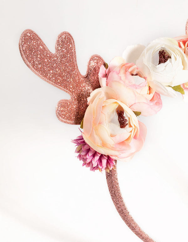 Kids Festive Glitter and Flower Antler Headband
