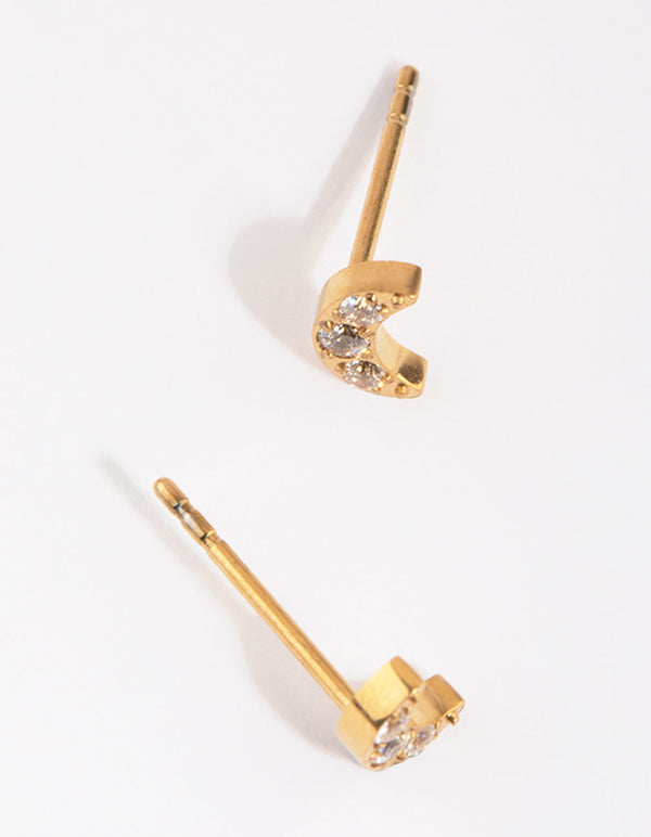 Gold-Plated Crescent Moon Studs with Diamantes