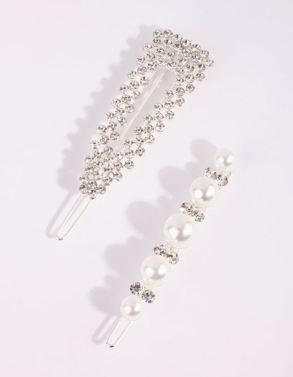 Silver Diamante and Pearl Clip Set