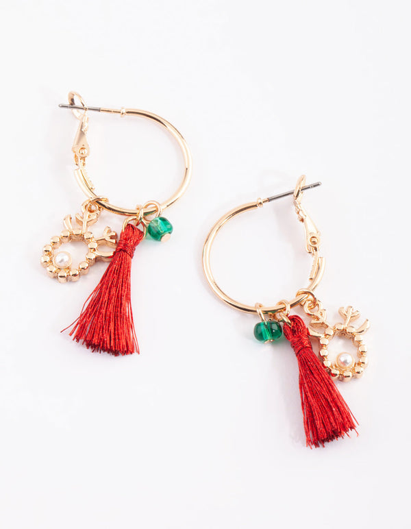 Gold Snowman and Tassel Hoop Earrings