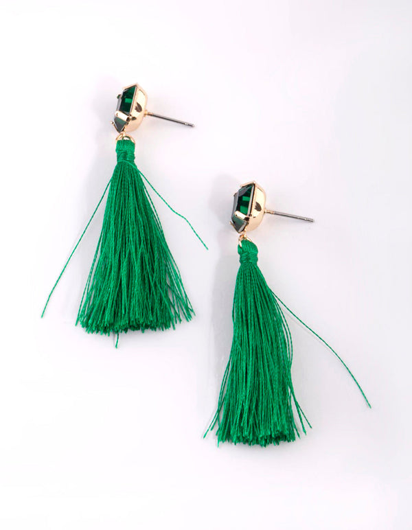 Green Stone and Tassel Drop Earrings
