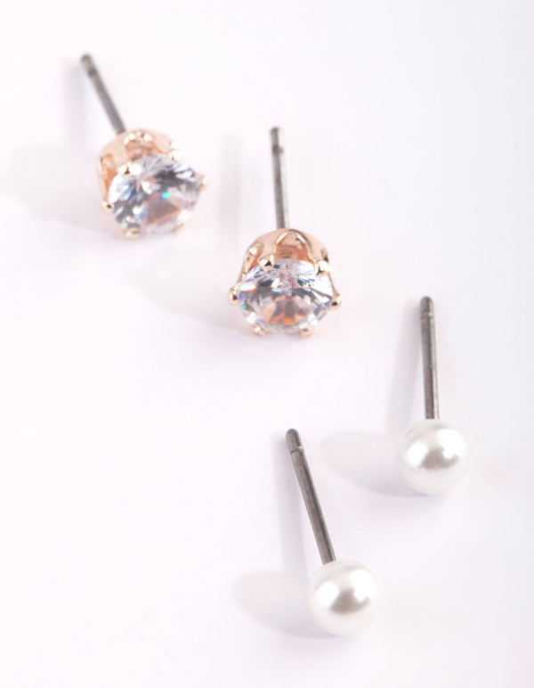 Rose Gold Pearl and Crystal Stud Earring Pack