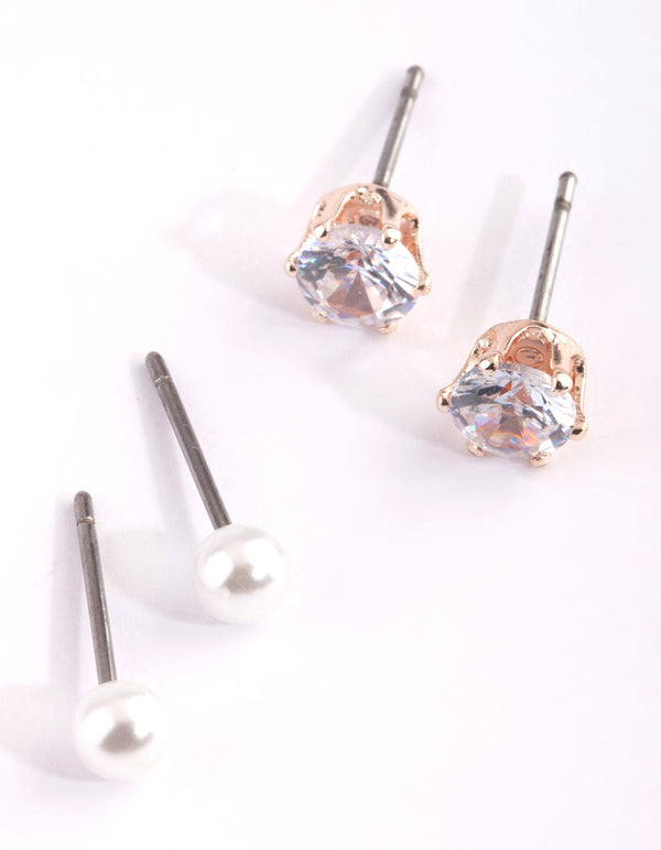 Rose Gold Pearl and Crystal Stud Earring Pack